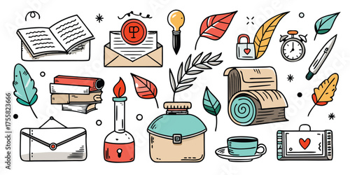 Vintage writing and communication set with inkwell books envelopes and quill pen art