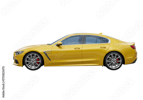 Yellow sports sedan isolated on transparent background, modern car cutout for design and advertising use, automotive industry