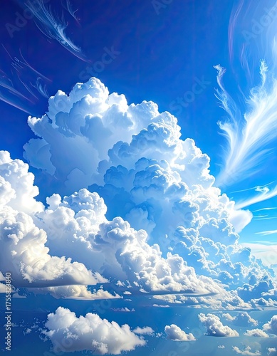 Majestic white cumulus and wispy cirrus clouds in a deep, vibrant blue sky