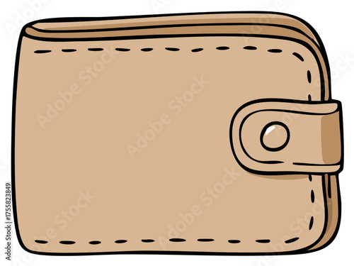 Cartoon style light brown wallet with stitched seams and snap closure