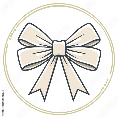 Elegant cream color ribbon and bow vector illustration, isolated circular frame decoration for Christmas or Birthday holiday gift or wedding