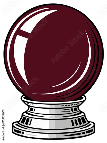 Illustration of a burgundy crystal ball on a decorative pedestal, divination concept