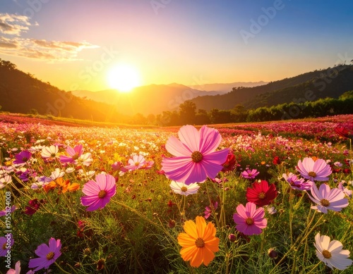 A vibrant field of cosmos flowers blooming at sunrise over rolling mountains