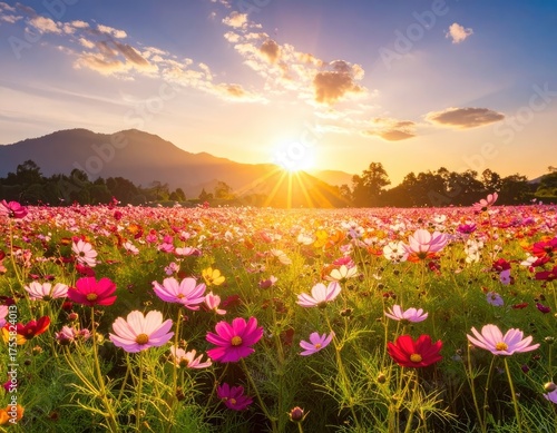 Vibrant cosmos flower field at sunset with mountains in the background