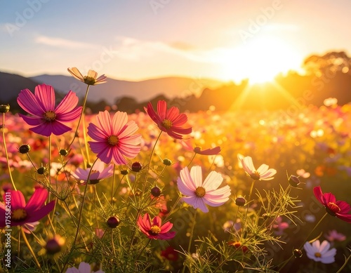 A vibrant field of cosmos flowers basking in the warm glow of a golden sunset