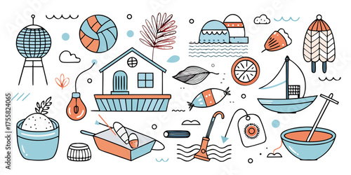 Whimsical hand-drawn collection of travel adventure and home icons with colorful accents