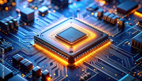 A glowing central processor on a complex blue circuit board with bright pathways