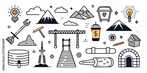 Adventure and engineering concepts collection featuring mountains tools and structures for exploration