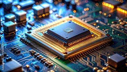 Glowing microprocessor on a detailed blue and gold electronic circuit board
