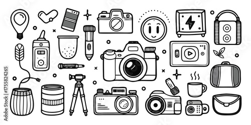 Collection of travel and photography gear icons for adventure enthusiasts