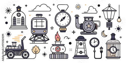 Whimsical steampunk doodle collection featuring trains clocks and unique inventions for adventure