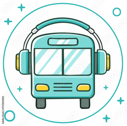 Funny transportation icon of a city bus listening to audio on headphones