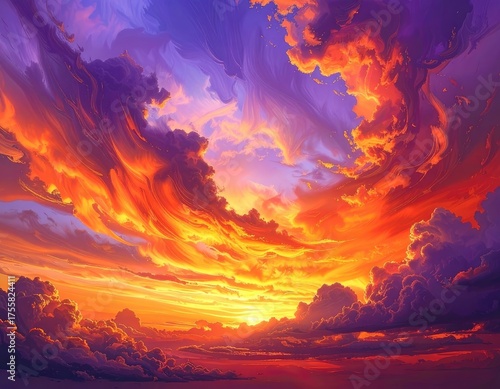 A vibrant, fiery sunset with dramatic purple, orange, and yellow clouds