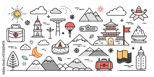 Doodle art collection of travel icons landscapes culture and landmarks in asian style