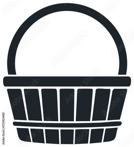 Simple illustration of a basket with a handle. Black and white graphic.