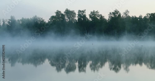 Early morning fog drifts over a calm lake at sunrise. Soft light, tranquil water, and peaceful atmosphere create a serene natural landscape.