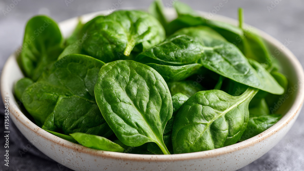 Obraz premium Fresh spinach leaves in a bowl, highlighting vibrant green color.
