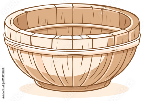 Empty traditional wooden bowl or bushel basket cartoon style vector illustration.