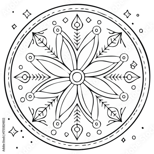 Intricate Symmetrical Floral Mandala Black Outline Art for Decorative Design and Relaxing Coloring Page