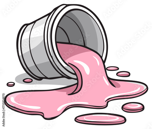 Bright pink paint spills from an overturned gray can creating a colorful puddle artwork