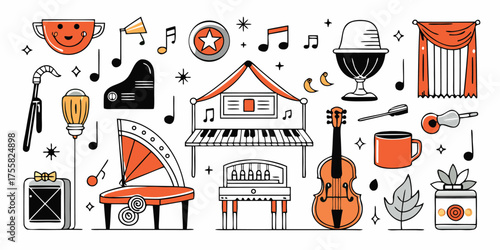 Vintage musical instruments and performance elements collection doodle art