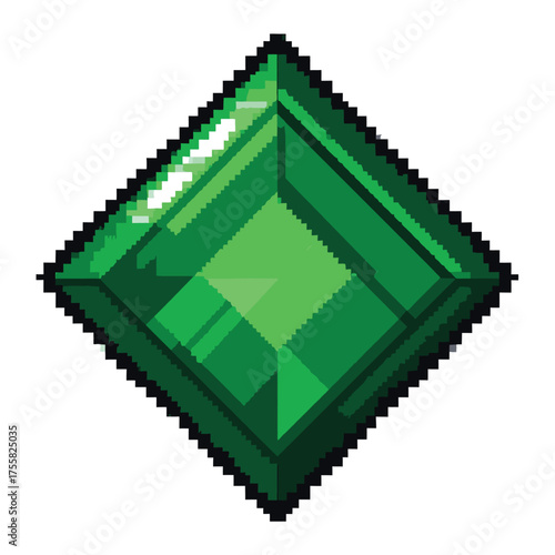 A pixelated emerald gemstone with sharp facets and a brilliant green hue.