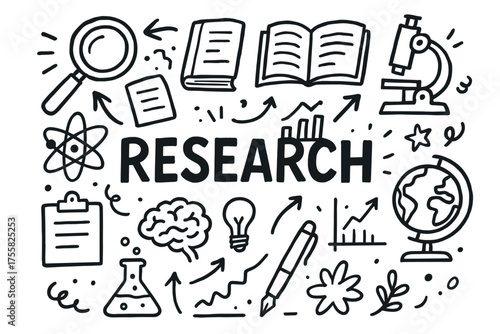Research concept illustrated with magnifying glass, microscope, books, and scientific tools