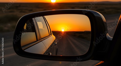 Side mirror captures a fiery sunset over a desert road, reflecting the sun?s glow