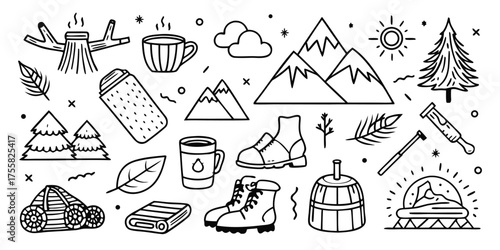 Collection of hand-drawn camping and adventure doodles for outdoor enthusiasts
