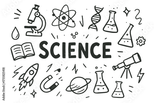 Science doodles: microscope, atom, dna, telescope, rocket, and planet illustrations