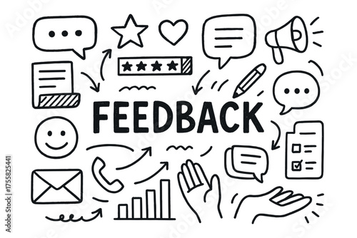 Feedback doodle concept with icons representing communication and evaluation