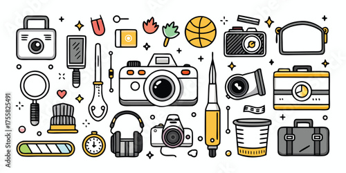 Collection of vintage travel and adventure gear icons for creative projects