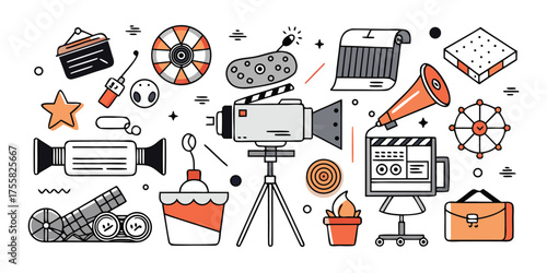 Vintage film production gear cinema icons set for creative projects