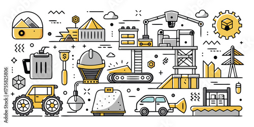 Industrial and agricultural scene with vehicles and buildings outline art style