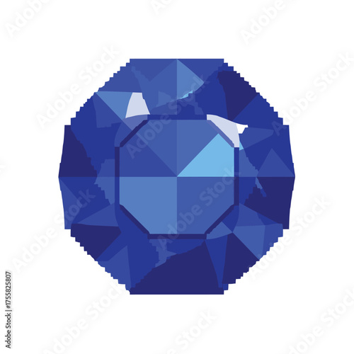 A detailed illustration of a faceted, brilliant-cut, deep blue gemstone, showcasing intricate geometric patterns.
