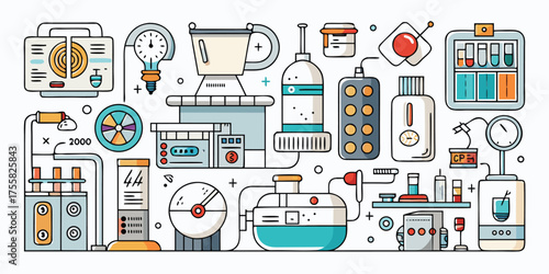 Creative laboratory science elements and experiments in a whimsical hand-drawn style