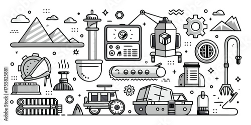 Collection of industrial equipment and tools for construction and mining adventures