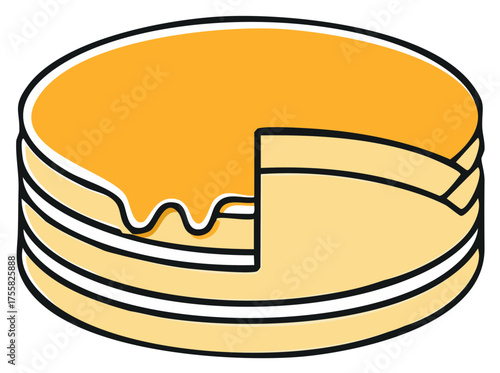 Simple cartoon illustration of a stack of pancakes with dripping syrup and a cut slice