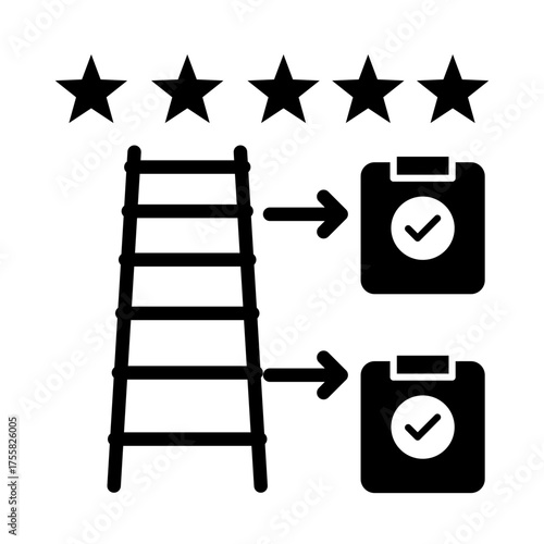 Ladder of Progress Icon, AI-driven growth, Continuous system improvement, Task tracking for progress, Goal achievement tracking, and System optimization. Vector illustration.