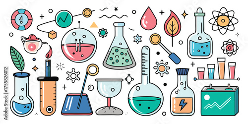 Vibrant collection of chemistry lab equipment and scientific symbols hand-drawn style
