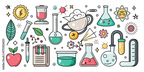 Vibrant collection of science lab equipment and botanical elements for education and discovery