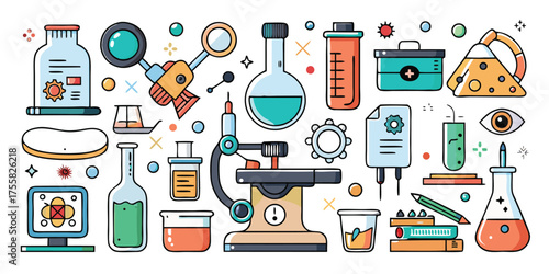 Colorful collection of science lab equipment for medical research and discovery