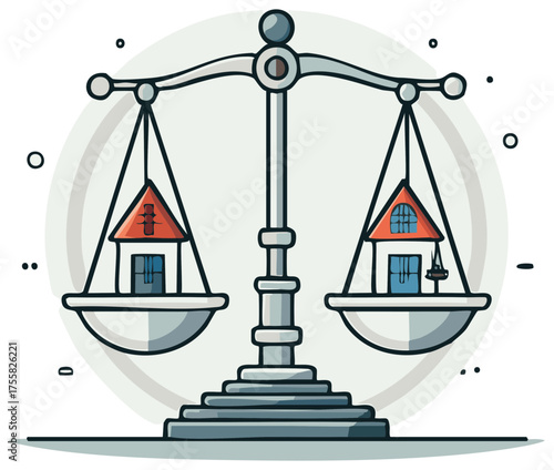 Balanced scales of justice with two houses representing property law and real estate choice