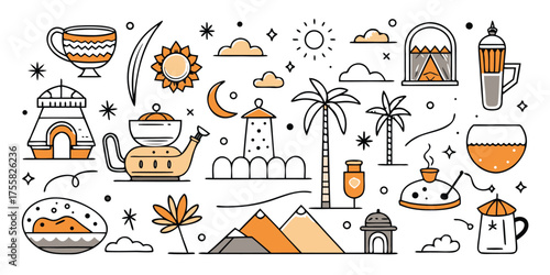 Middle eastern desert scenery and tea time elements hand drawn style