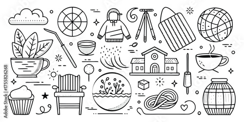 Hand drawn collection of travel adventure food and education icons doodle style