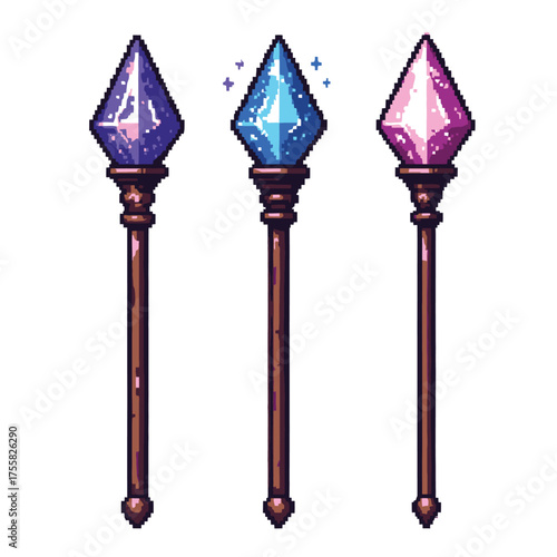 Three pixel art magic wands with different colored gems on top.