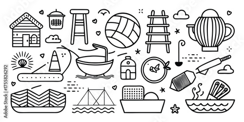 Whimsical doodle collage of travel adventure and lifestyle icons for creative projects