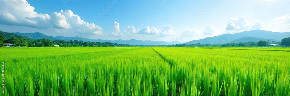Obraz premium Sun-Drenched Rice Paddies Tranquil Agricultural Landscape Stretching to the Horizon Under a Clear Blue Sky. Lush green rice stalks sway gently in a picturesque scene of rural abundance.