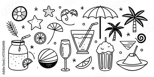 Doodle art set featuring tropical drinks beach items and palm trees for summer fun