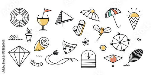 Whimsical summer icons kite umbrella ice cream fun objects collection hand drawn style